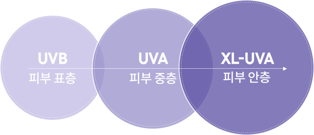 UVB 피부 표층 / UVA 피부 중층 / XL-UVA 피부 안층