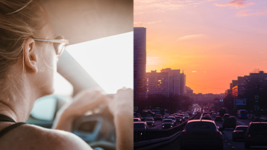 햇살 속 차량 운전하는 여성 + 자동차가 가득찬 도로