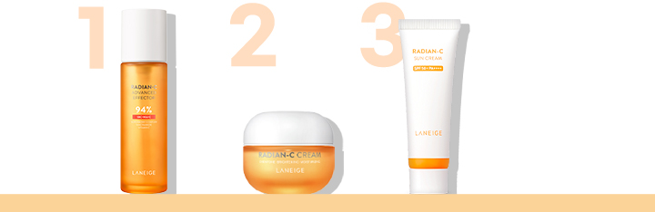 1. Radian-C Advanced Effector, 2. Radian-C Cream, 3. Radian-C Suncream