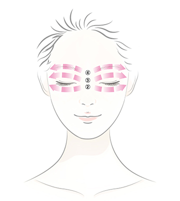 With the middle finger and ring finger, lightly press skin under the eyes, eyelids, and skin above the eyebrows up to the temple to promote absorption into skin.