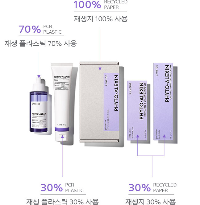 70% PCR PLASTIC 재생 플라스틱 70% 사용, 30% PCR PLASTIC 재생 플라스틱 30% 사용, 100% RECYCLED PAPER 재생지 100% 사용, 30% RECYCLED PAPER 재생지 30% 사용