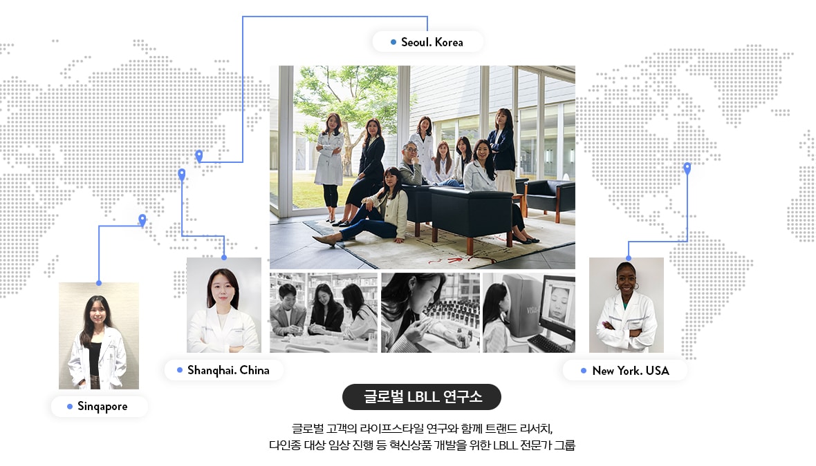 글로벌 LBLL 연구소(Seoul.Korea, Sinqapore, Shanqhai. China, New York.USA) - 글로벌 고객의 라이프스타일 연구와 함께 트랜드 리서치, 다인종 대상 임상 진행 등 혁신상품 개발을 위한 LBLL 전문가 그룹