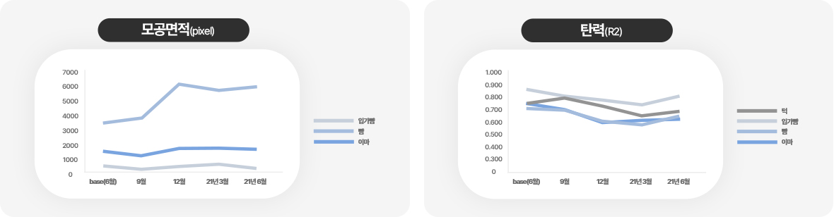 왼쪽 그래프 : 모공면적 (pixel) / 오른쪽 그래프 : 피부 탄력 (R2)