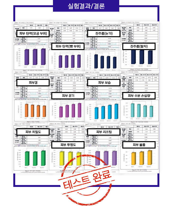실험결과/결론 - 피부 탄력(모공 부위), 피부 탄력(뺩 부위), 잔주름(눈가), 잔주름(팔자), 피부결, 피부 윤기, 피부 보습, 피부 수분 손실량, 피부 치밀도, 피부 투명도, 피부 리프팅 - 피부 볼륨 / 테스트 완료