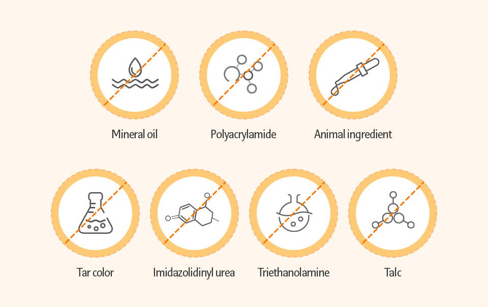 Mineral oil, Polyacrylamide, Animanl ingredient, Tar color, Imidazolidinyl urea, Triethanolamine, Talc